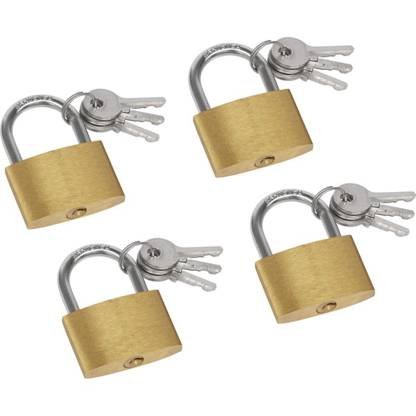 Meister 9515400 35 mm-Pack of 4-Simultaneous Locking-Body Made of Brass-Steel Shackle-with 12 Keys/Padlocks in Practical Set, Yellow