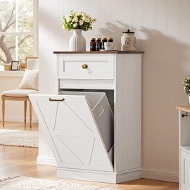 YESHOMY Tilt Out Trash Cabinet,10 Gallon Hidden Wooden Bin Cabinets, Laundry Hamper with Drawers, for Kitchen, Dining Room, White