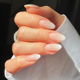 Almond Press on Nails Medium Fake Nails, Nude White Gradient Gel Acrylic Nails with Nail Glue, Glossy False Nails Kits for Women Super Fit Natural Nails 24 Pcs