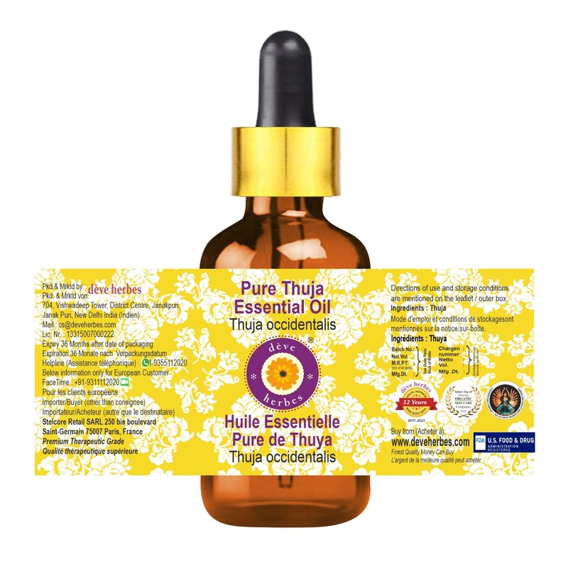 Deve Herbes Pure Thuja Essential Oil (Thuja occidentalis) with Glass