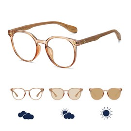 Feisedy B1169 Dimmable Sunglasses, Blue Light Reduction, Glasses, UV Protection, Discoloration Lenses, Non-Polarized, TR90, Lightweight, Fashion, Unisex, Brown frame (clear lens is brown)