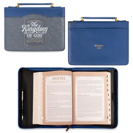 Christian Art Gifts Vegan Leather Fashion Bible Cover Carry Case for Women: Seek First the Kingdom of God - Mat. 6:33 Inspirational Scripture Verse w/Pockets, Pen Storage & Gold, Metallic Blue, Medium