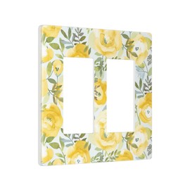 Green Leaves Floral 2 Gang Double Rocker/GFCI Light Switch Cover Outlet Wall Plate Electrical Faceplate Yellow Rose Watercolor Flower Nature Botanical Boho Leaf Art Panel Decor Screwless Blue Yellow