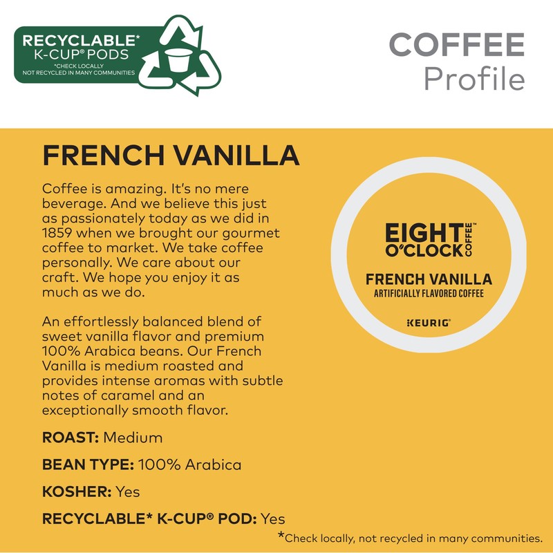 Eight O'Clock Coffee French Vanilla, Single-Serve Coffee K-Cup Pods, Medium