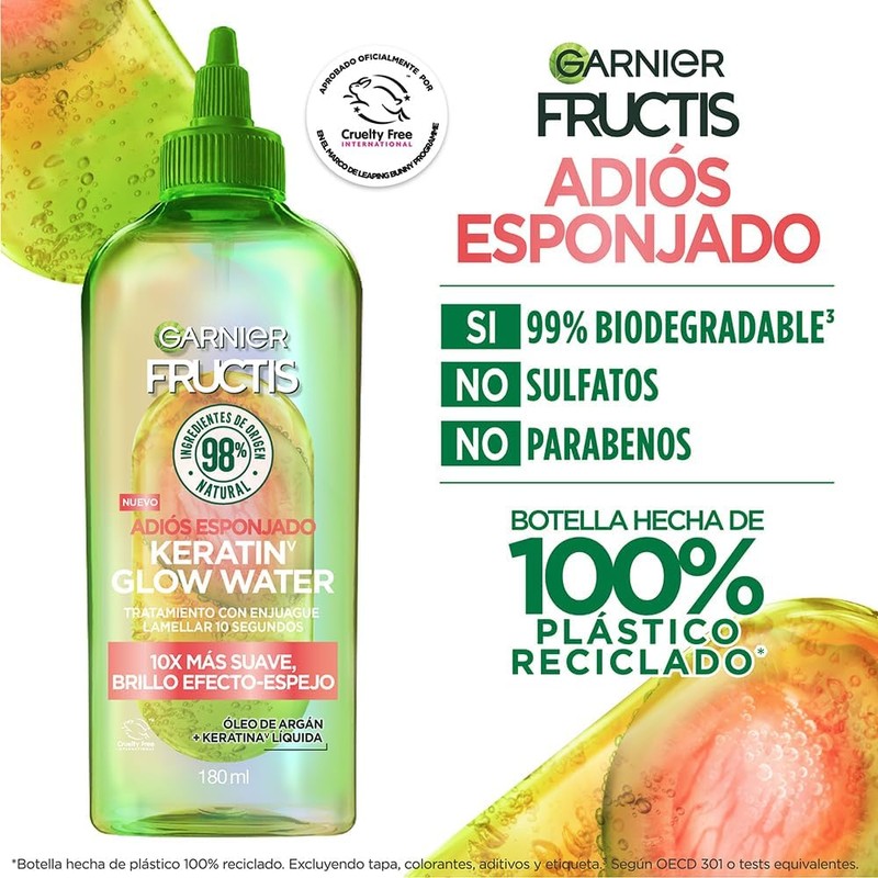 Garnier Fructis Adiós Esponjado Tratamiento Keratin Glow Water Antifrizz, 180ml