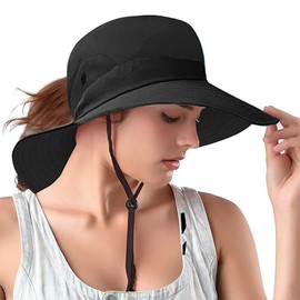 Rosoz Ponytail Sun Bucket Hats for Women UV Protection Foldable Mesh Wide Brim Hiking Beach Fishing Summer Safari
