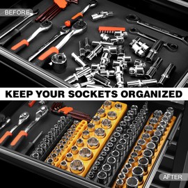 Socket Organizer for Tool Box Drawer, GRENPRO 6pc 143 Metric & SAE Magnetic Socket Holder, 1/4", 3/8", 1/2" Drive Socket Tray Set, Magnetic Socket Organizer