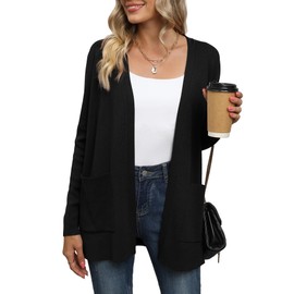 LILBETTER Womens Casual Lightweight Long Sleeve Open Front Cardigan Sweaters with Pockets(Black,Medium)
