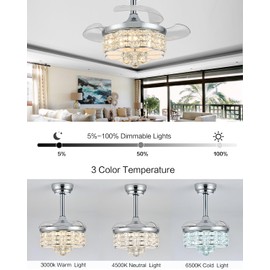 Fejanical 30" Crystal Chandelier Ceiling Fan, Dimmable Retractable Ceiling Fan with Lights, Crystal Fandeliers with Lights and Remote for Bedroom Living Room, Chrome