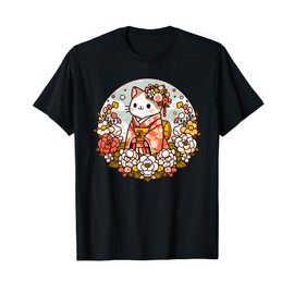 Kimono Cat with Flowers Japanese Kawaii Art T-Shirt