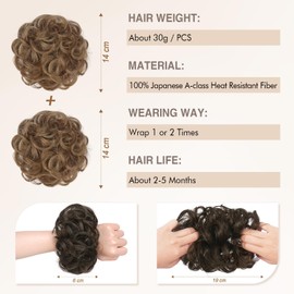 2PCS Small Messy Bun Hair Pieces for Thin Hair to Add Volume Synthetic Curly Bun Scrunchies with Elastic Band Lightweight Updo Hairpieces for Women Daily Use - Blonde & Medium Brown