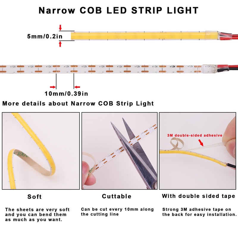 TOPAI 12V Thin 5mm COB LED Strip Light 4000K Natural