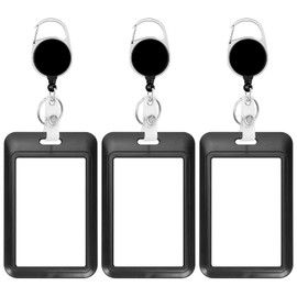 3 Pack Heavy Duty Badge Holder with Retractable Reel, ID Name Tag Worker Badge Carabiner Clip Vertical Card Protector Cover Case for Key Office Doctor Nurse Teacher Women (3 PCS Solid Black)