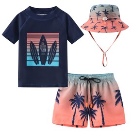Toddlers and Baby Boys' 3-Piece Rashguard Sets Swimsuits Sets with Hat Surfing Swimwear Sunsuit UPF 50+Navy Sail(3-6 Months)