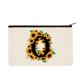 WIRESTER Canvas Zipper Makeup Bag, Cosmetic Pouch, Organizer Case for Women Girl, Multi-Purpose Travel Cosmetic Bag - Black Letter O Alphabet Sunflowers