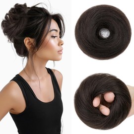 Benehair Messy Bun Hair Piece Tousled Updo Elastic Hair Bun Hairpiece for Women Updo Ponytail Hair Extensions Straight Donut Chignons #1B Natural Black 25g