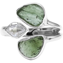 LYRA JEWELS Real Crystal Moldavite Herkimer Diamond Ring Sterling Silver Czech Republic Herkimer Moldavite Ring For Women Natural Raw Tektite Healing Stone Jewelry Gift For Her (9)