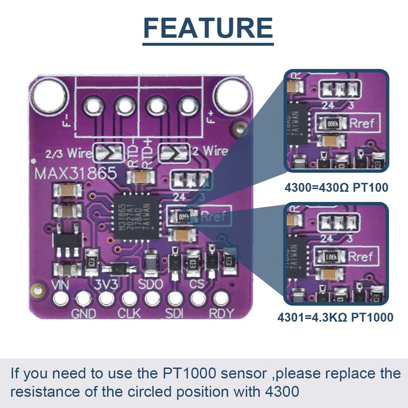 DAOKAI MAX31865 PT100 RTD-デジタルコンバータボード 3.3V/5V 温度熱電対センサーアンプモジュール Arduino用 -50～200℃ 0.5m PT100センサー付き