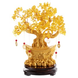 WANLECY Feng Shui Decor Money Tree, Crystal Yellow Lucky Feng Shui Money Plant for Home with Rotating Base, Symbol of Wealth/Fortune and Lucky (11 Inch)