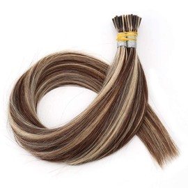 kun na Hair Pre Bonded Stick Tip Keratin Real Remy Human Hair Extension 50Strands Hair Extensions I Tip Human Hair Extensions 18" Color P#4/613