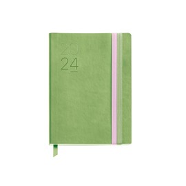 Miquelrius - 2024 Week to View Diary Journal 122 x 168 mm Flexible Faux Leather Cover Stitched Double Rubber Closure Spanish English and Portuguese Green