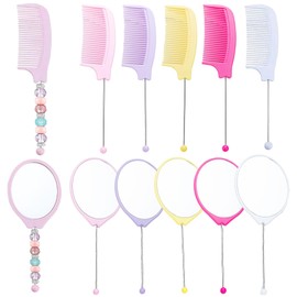 Frinnovan 5 Pack Beadable Combs DIY with 5 Pack Beadable Mirrors Set Handheld Oval Shaped Plastic Wide Tooth Hand Handle for Crafts Portable Cute Travel Makeup Mirror, Colorful
