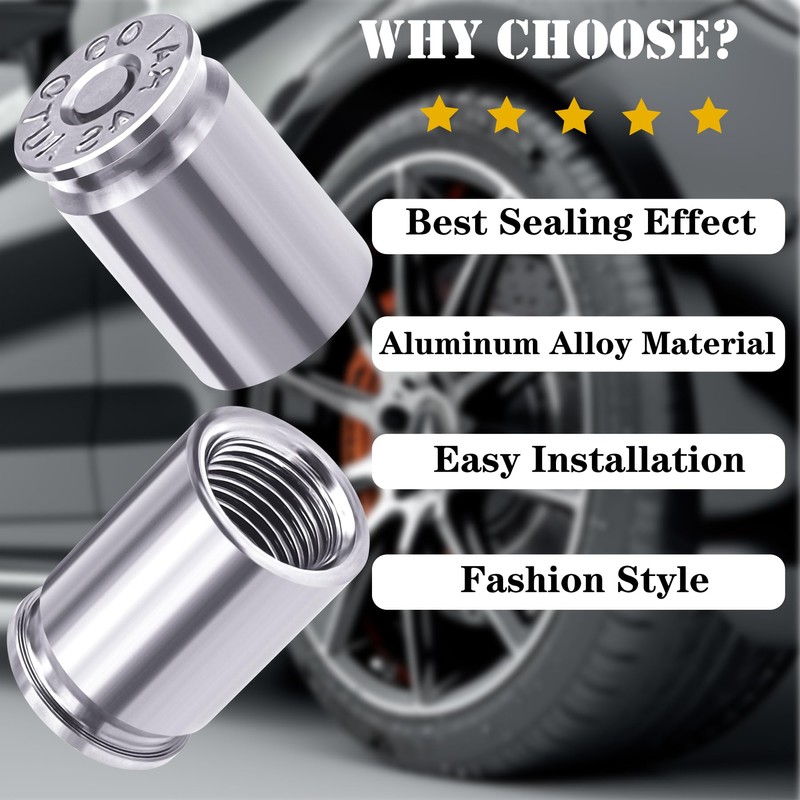 MEAJOO 4PCS Bullet Shell Tire Valve Stem Caps, Aluminum Alloy