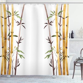 ABAKUHAUS Bamboo Shower Curtain, Bamboo Grove Calm Your Mind Slow down Relax Hand Drawn Style Artwork, Cloth Fabric Bathroom Decor Set with Hooks, 86 Inches Extra Long, Cream Brown White