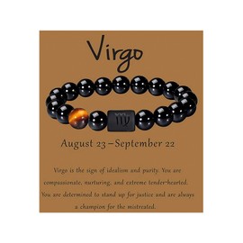 QSMGD Zodiac Bracelets for Women and Men,Friendship Bracelet,8mm 10mm Natural Black Onyx Stone Star Sign Constellation Horoscope Bracelet Gifts (Virgo, 10mm beads-(fit wrist: 6.3"-6.9"))
