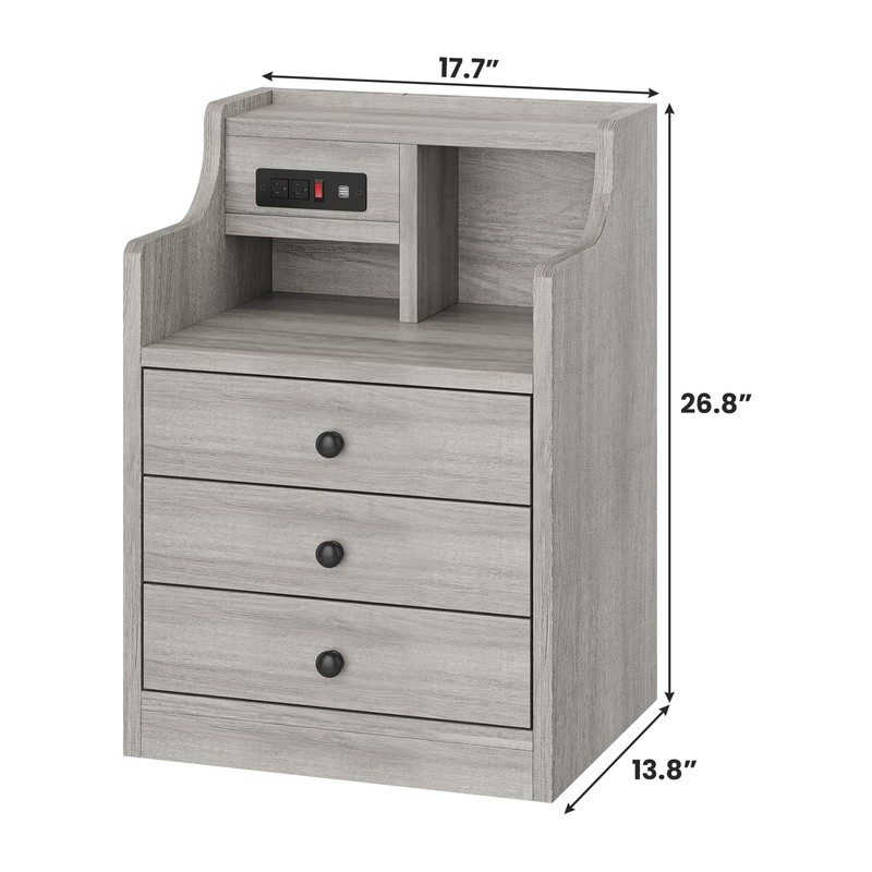 Tiptiper Nightstand with Charging Station, Grey Night Stands with Hutch,