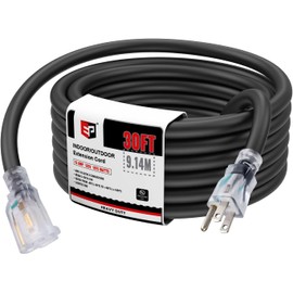 EP 30 Ft Lighted Outdoor Extension Cord - 10/3 SJTW Heavy Duty Black Extension Cable with 3 Prong Grounded Plug for Safety, UL Listed