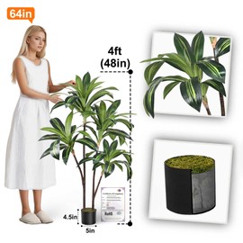 Aveyas 4ft Artificial Dracaena Tree for Home Decor, 4 Feet Real Touch Large Faux Plant Fake Silk Floor Trees with Pot for Indoor Outdoor House Living Room Office (4 ft Tall)