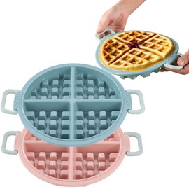 Wisnewth Silicone Waffle Pan Set (2 PSC), 17cm Round Non-Stick Pancake Maker for Oven & Microwave, Heat-Resistant Baking Trays with Handle (Pink+Blue)