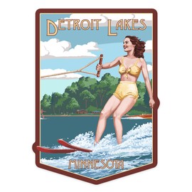 Die Cut Sticker Detroit Lakes, Minnesota, Water Skier and Lake, Vinyl Sticker 3 to 6 inches, (Waterproof Decal for Cars, Water Bottles, Laptops, Coolers), Large