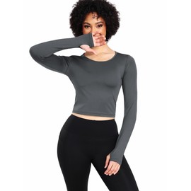 CADMUS Women's Dry Fit Crop Top - Long Sleeve Crew Neck Yoga Running Athletic Tee with Thumb Holes, 2208, 1 Pack, Grey, Medium