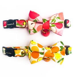 Cognatio Quick Release Cat Collars, Fruit Patterned Kitten Collars with Removable Bell and Bow Tie, Adjustable 20-30 cm, 2 Pack, Peach+Orange