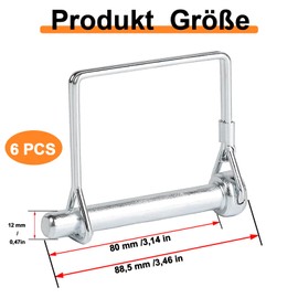 Sicherungsstift,12x 80 MM Rechteck Splinte, 6 Stück Kupplungsstift, Sicherungsbolzen, Rohrklappsplinte mit Rastverschluss, für Bauernhof-Anhänger, Bauernhof, Garten, Silber
