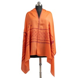 Kashmkari Hand Embroidered Merino Wool Sozni Scarf – Rich Orange with Intricate Purple and Red Embroidery – Stylish and Cozy.