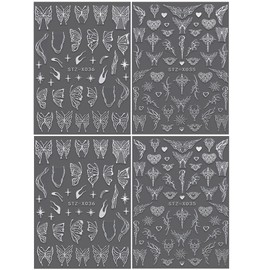 4 Sheets Y2K Butterfly Nail Stickers, Chrome Silver Metal Butterflies Heart Wings Nail Stickers 3D Abstract Lines Hollow Hearts Star Nail Stickers for Women Nail Design Nail Accessories Nail Art