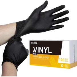 OKIAAS Black Gloves Small, Vinyl Gloves Latex Free, 5 mil, 100 Count, for Food Prep, Household Cleaning, Hair Dye, Tattoo