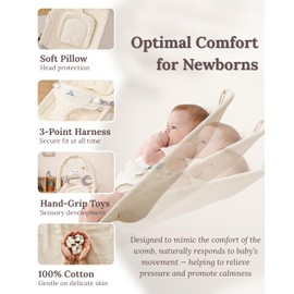 CuddoBaby Baby Bouncer with Lockable Wheels, Soft Head Cushion, Hanging Dolls for Hand-Eye Coordination, 100% Cotton Seat, 3-Level Recline, Foldable for Newborn to Toddler, 0-12 Months – Beige