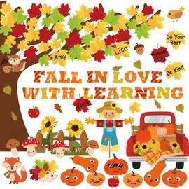 138Pcs Fall Bulletin Board Decorations, Fall in Love with Learning Bulletin Board Thanksgiving Autumn Scarecrow Pumpkin Cutouts Fall Decorations for Classroom School Office Home Wall
