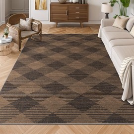 YIHOUSE Checkered Easy Jute Rug, 5x7 Outdoor Patio Rug Washable Rugs for Living Room, Geometric Trellis Brown and Black Rug, Non Slip Ultra Thin Indoor Outdoor Rug for Farmhouse Backyard Dining Room