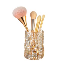 DASITON Glass Makeup Brush Holder Organizer, Multifunctional Cosmetic Storage Cup, Vintage Makeup Organizer for Vanity, Bathroom Countertop Toothbrush Holder, Desk Pen Pencil Holder (Amber)