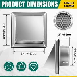 Otoolling 4 Inch Dryer Vent Cover Outside with Stainless Steel Screen Sliver Wall Dryer Exhaust Vent Cover External Cap Cushioned Non Return Flap with Sealing Gasket Honeycomb Grille