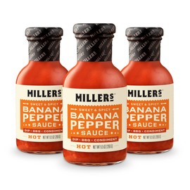 Miller's Banana Pepper Sauce - Red Banana Pepper Hot Sauce, Sweet Spicy Banana Pepper Sauce - Best Use for Chicken Wing, Burgers, Sandwich, Non-GMO Project Verified, 9.5 Ounce (Pack of 3)