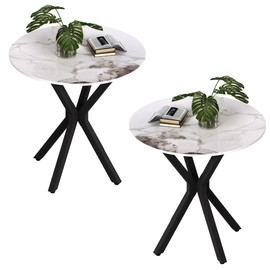 GOLDFAN Round Side Table Set of 2, Modern Stylish End Tables with Faux Marble Top and Black Metal Legs,Durable Sofa Side Tables for Living Room Bedroom