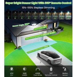 CLY 42W LED Spotlight with Motion Sensor Remote Control, 3600LM 6500K Cool White Outdoor Spotlight with Adjustable 3 Heads LED Floodlight IP66 Waterproof Headlight Floodlight for Garage Patio