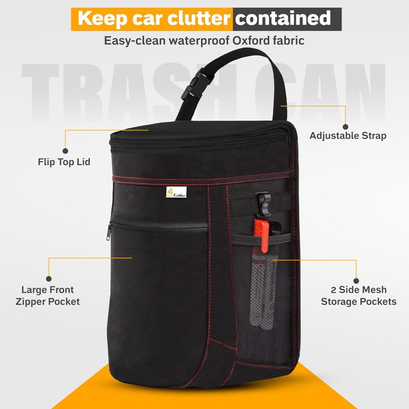 EcoNour Car Trash Can 2.5 Gallon with Lid & Storage