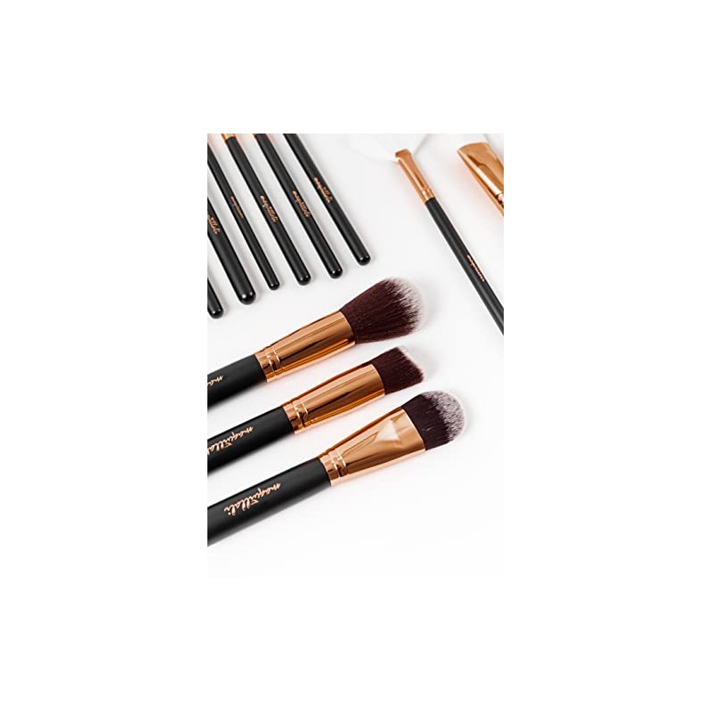 15 Piezas de Brochas con Bolsa Cosmética para Maquillaje (Cafe-Golden)